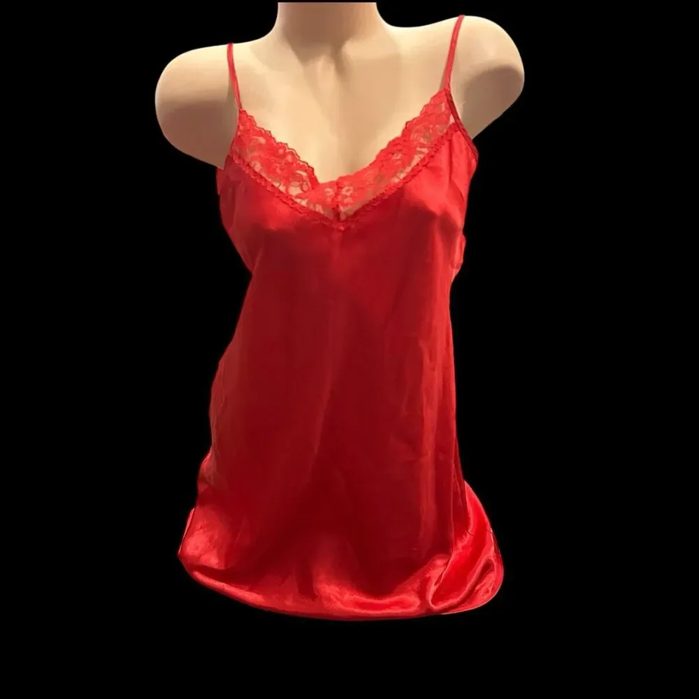 Gilligan OMalley Glossy‎ Oily Red Satin Nightgown Chemise Slip 90s Sz Small